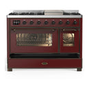 ILVE Majestic III 48-inch Dual Fuel Range with 5 Liquid Propane Burner, Griddle and Triple Glass Door Electric Oven in Burgundy with Burnished Trim (UM48FNR3BUBLP)