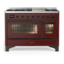 ILVE Majestic III 48-inch Dual Fuel Range with 5 Liquid Propane Burner, Griddle and Triple Glass Door Electric Oven in Burgundy with Burnished Trim (UM48FNR3BUBLP)