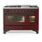 ILVE Majestic III 48-inch Dual Fuel Range with 5 Liquid Propane Burner, Griddle and Triple Glass Door Electric Oven in Burgundy with Burnished Trim (UM48FNR3BUBLP)