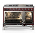 ILVE Majestic III 48-inch Dual Fuel Range with 5 Liquid Propane Burner, Griddle and Triple Glass Door Electric Oven in Burgundy with Chrome Trim (UM48FNR3BUCLP)