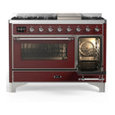ILVE Majestic III 48-inch Dual Fuel Range with 5 Natural Gas Burner, Griddle and Triple Glass Door Electric Oven in Burgundy with Chrome Trim (UM48FNR3BUC)