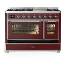 ILVE Majestic III 48-inch Dual Fuel Range with 5 Liquid Propane Burner, Griddle and Triple Glass Door Electric Oven in Burgundy with Chrome Trim (UM48FNR3BUCLP)