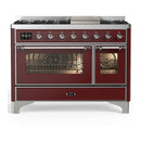 ILVE Majestic III 48-inch Dual Fuel Range with 5 Liquid Propane Burner, Griddle and Triple Glass Door Electric Oven in Burgundy with Chrome Trim (UM48FNR3BUCLP)