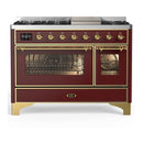 ILVE Majestic III 48-inch Dual Fuel Range with 5 Natural Gas Burner, Griddle and Triple Glass Door Electric Oven in Burgundy with Brass Trim (UM48FNR3BUG)