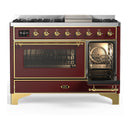 ILVE Majestic III 48-inch Dual Fuel Range with 5 Liquid Propane Burner, Griddle and Triple Glass Door Electric Oven in Burgundy with Brass Trim (UM48FNR3BUGLP)