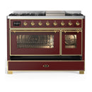 ILVE Majestic III 48-inch Dual Fuel Range with 5 Natural Gas Burner, Griddle and Triple Glass Door Electric Oven in Burgundy with Brass Trim (UM48FNR3BUG)