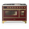 ILVE Majestic III 48-inch Dual Fuel Range with 5 Natural Gas Burner, Griddle and Triple Glass Door Electric Oven in Burgundy with Brass Trim (UM48FNR3BUG)