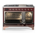 ILVE Majestic III 48-inch Dual Fuel Range with 5 Liquid Propane Burner, Griddle and Triple Glass Door Electric Oven in Burgundy with Copper Trim (UM48FNR3BUPLP)