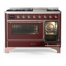 ILVE Majestic III 48-inch Dual Fuel Range with 5 Liquid Propane Burner, Griddle and Triple Glass Door Electric Oven in Burgundy with Copper Trim (UM48FNR3BUPLP)