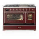 ILVE Majestic III 48-inch Dual Fuel Range with 5 Liquid Propane Burner, Griddle and Triple Glass Door Electric Oven in Burgundy with Copper Trim (UM48FNR3BUPLP)