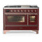 ILVE Majestic III 48-inch Dual Fuel Range with 5 Natural Gas Burner, Griddle and Triple Glass Door Electric Oven in Burgundy with Copper Trim (UM48FNR3BUP)