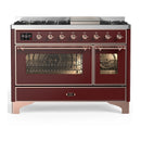 ILVE Majestic III 48-inch Dual Fuel Range with 5 Liquid Propane Burner, Griddle and Triple Glass Door Electric Oven in Burgundy with Copper Trim (UM48FNR3BUPLP)