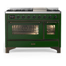 ILVE Majestic III 48-inch Dual Fuel Range with 5 Natural Gas Burner, Griddle and Triple Glass Door Electric Oven in Emerald Green with Burnished Trim (UM48FNR3EGB)