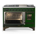ILVE Majestic III 48-inch Dual Fuel Range with 5 Natural Gas Burner, Griddle and Triple Glass Door Electric Oven in Emerald Green with Burnished Trim (UM48FNR3EGB)
