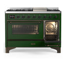 ILVE Majestic III 48-inch Dual Fuel Range with 5 Natural Gas Burner, Griddle and Triple Glass Door Electric Oven in Emerald Green with Burnished Trim (UM48FNR3EGB)