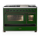 ILVE Majestic III 48-inch Dual Fuel Range with 5 Natural Gas Burner, Griddle and Triple Glass Door Electric Oven in Emerald Green with Burnished Trim (UM48FNR3EGB)