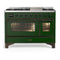 ILVE Majestic III 48-inch Dual Fuel Range with 5 Natural Gas Burner, Griddle and Triple Glass Door Electric Oven in Emerald Green with Burnished Trim (UM48FNR3EGB)