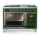 ILVE Majestic III 48-inch Dual Fuel Range with 5 Natural Gas Burner, Griddle and Triple Glass Door Electric Oven in Emerald Green with Chrome Trim (UM48FNR3EGC)