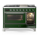 ILVE Majestic III 48-inch Dual Fuel Range with 5 Natural Gas Burner, Griddle and Triple Glass Door Electric Oven in Emerald Green with Chrome Trim (UM48FNR3EGC)
