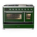 ILVE Majestic III 48-inch Dual Fuel Range with 5 Natural Gas Burner, Griddle and Triple Glass Door Electric Oven in Emerald Green with Chrome Trim (UM48FNR3EGC)