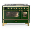 ILVE Majestic III 48-inch Dual Fuel Range with 5 Liquid Propane Burner, Griddle and Triple Glass Door Electric Oven in Emerald Green with Brass Trim (UM48FNR3EGGLP)