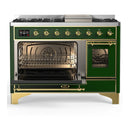 ILVE Majestic III 48-inch Dual Fuel Range with 5 Liquid Propane Burner, Griddle and Triple Glass Door Electric Oven in Emerald Green with Brass Trim (UM48FNR3EGGLP)
