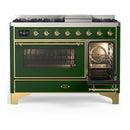 ILVE Majestic III 48-inch Dual Fuel Range with 5 Liquid Propane Burner, Griddle and Triple Glass Door Electric Oven in Emerald Green with Brass Trim (UM48FNR3EGGLP)