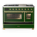 ILVE Majestic III 48-inch Dual Fuel Range with 5 Liquid Propane Burner, Griddle and Triple Glass Door Electric Oven in Emerald Green with Brass Trim (UM48FNR3EGGLP)