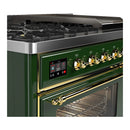 ILVE Majestic III 48-inch Dual Fuel Range with 5 Liquid Propane Burner, Griddle and Triple Glass Door Electric Oven in Emerald Green with Brass Trim (UM48FNR3EGGLP)