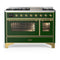 ILVE Majestic III 48-inch Dual Fuel Range with 5 Natural Gas Burner, Griddle and Triple Glass Door Electric Oven in Emerald Green with Brass Trim (UM48FNR3EGG)