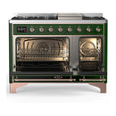 ILVE Majestic III 48-inch Dual Fuel Range with 5 Natural Gas Burner, Griddle and Triple Glass Door Electric Oven in Emerald Green with Copper Trim (UM48FNR3EGP)