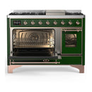 ILVE Majestic III 48-inch Dual Fuel Range with 5 Liquid Propane Burner, Griddle and Triple Glass Door Electric Oven in Emerald Green with Copper Trim (UM48FNR3EGPLP)