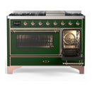 ILVE Majestic III 48-inch Dual Fuel Range with 5 Liquid Propane Burner, Griddle and Triple Glass Door Electric Oven in Emerald Green with Copper Trim (UM48FNR3EGPLP)