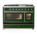 ILVE Majestic III 48-inch Dual Fuel Range with 5 Natural Gas Burner, Griddle and Triple Glass Door Electric Oven in Emerald Green with Copper Trim (UM48FNR3EGP)