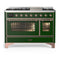 ILVE Majestic III 48-inch Dual Fuel Range with 5 Natural Gas Burner, Griddle and Triple Glass Door Electric Oven in Emerald Green with Copper Trim (UM48FNR3EGP)