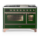 ILVE Majestic III 48-inch Dual Fuel Range with 5 Liquid Propane Burner, Griddle and Triple Glass Door Electric Oven in Emerald Green with Copper Trim (UM48FNR3EGPLP)