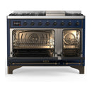 ILVE Majestic III 48-inch Dual Fuel Range with 5 Natural Gas Burner, Griddle and Triple Glass Door Electric Oven in Midnight Blue with Burnished Trim (UM48FNR3MBB)