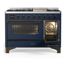 ILVE Majestic III 48-inch Dual Fuel Range with 5 Natural Gas Burner, Griddle and Triple Glass Door Electric Oven in Midnight Blue with Burnished Trim (UM48FNR3MBB)