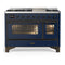 ILVE Majestic III 48-inch Dual Fuel Range with 5 Liquid Propane Burner, Griddle and Triple Glass Door Electric Oven in Midnight Blue with Burnished Trim (UM48FNR3MBBLP)