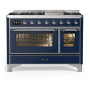 ILVE Majestic III 48-inch Dual Fuel Range with 5 Natural Gas Burner, Griddle and Triple Glass Door Electric Oven in Midnight Blue with Chrome Trim (UM48FNR3MBC)