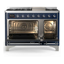 ILVE Majestic III 48-inch Dual Fuel Range with 5 Liquid Propane Burner, Griddle and Triple Glass Door Electric Oven in Midnight Blue with Chrome Trim (UM48FNR3MBCLP)