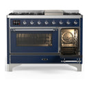 ILVE Majestic III 48-inch Dual Fuel Range with 5 Natural Gas Burner, Griddle and Triple Glass Door Electric Oven in Midnight Blue with Chrome Trim (UM48FNR3MBC)