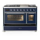 ILVE Majestic III 48-inch Dual Fuel Range with 5 Liquid Propane Burner, Griddle and Triple Glass Door Electric Oven in Midnight Blue with Chrome Trim (UM48FNR3MBCLP)