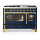 ILVE Majestic III 48-inch Dual Fuel Range with 5 Natural Gas Burner, Griddle and Triple Glass Door Electric Oven in Blue Grey with Brass Trim (UM48FNR3MBG)