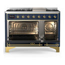 ILVE Majestic III 48-inch Dual Fuel Range with 5 Natural Gas Burner, Griddle and Triple Glass Door Electric Oven in Blue Grey with Brass Trim (UM48FNR3MBG)