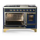 ILVE Majestic III 48-inch Dual Fuel Range with 5 Natural Gas Burner, Griddle and Triple Glass Door Electric Oven in Blue Grey with Brass Trim (UM48FNR3MBG)