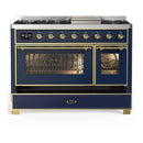 ILVE Majestic III 48-inch Dual Fuel Range with 5 Natural Gas Burner, Griddle and Triple Glass Door Electric Oven in Blue Grey with Brass Trim (UM48FNR3MBG)