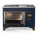 ILVE Majestic III 48-inch Dual Fuel Range with 5 Natural Gas Burner, Griddle and Triple Glass Door Electric Oven in Midnight Blue with Copper Trim (UM48FNR3MBP)