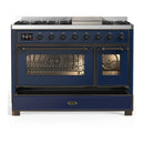 ILVE Majestic III 48-inch Dual Fuel Range with 5 Liquid Propane Burner, Griddle and Triple Glass Door Electric Oven in Midnight Blue with Copper Trim (UM48FNR3MBPLP)