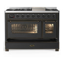 ILVE Majestic III 48-inch Dual Fuel Range with 5 Liquid Propane Burner, Griddle and Triple Glass Door Electric Oven in Graphite Matte with Burnished Trim (UM48FNR3MGBLP)